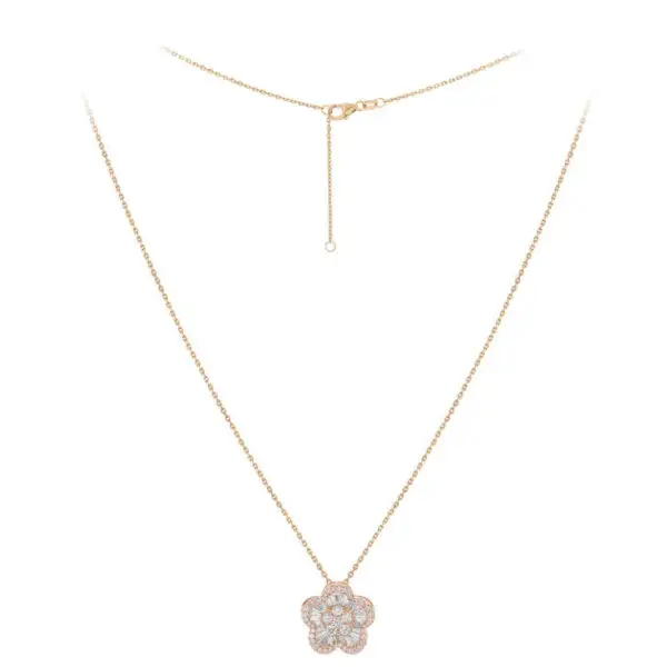 Five-Leaf Clover Necklace in Rose Gold with Round Diamonds and Invisible set Tapered Baguette Shaped Diamonds