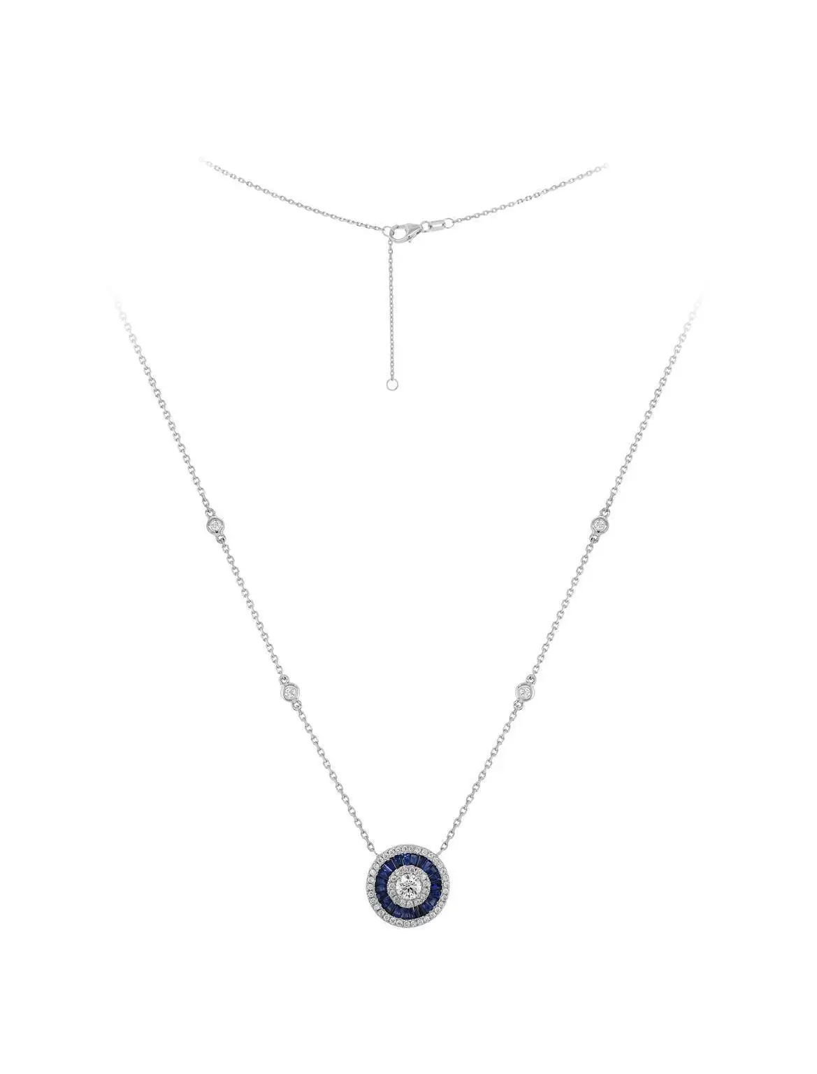 Necklace in White Gold with Round Diamonds and Invisible set Blue Sapphires
