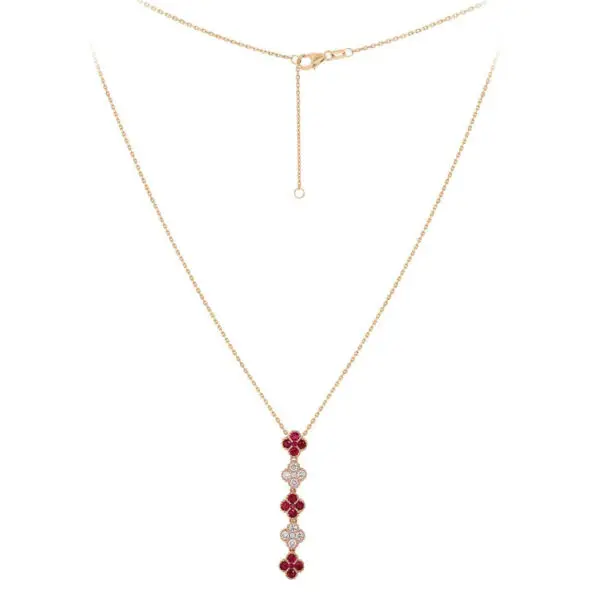 Necklace in Rose Gold with Four-Leaf Clover Round Diamonds and Red Rubies