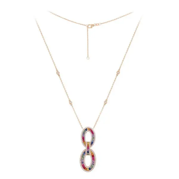 Necklace in Yellow Gold with Round Diamonds and Invisible set Multicolour Round Sapphires