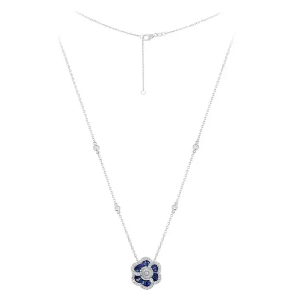 Necklace in White Gold with Round Diamonds and Invisible set Blue Sapphires