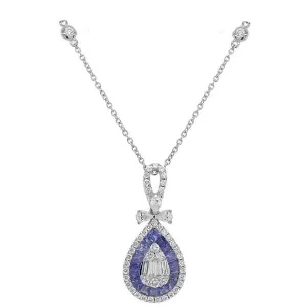 Drop Pendant in White Gold with Invisible Set Princess Shaped Blue Sapphires and White Round Diamonds and Magic Set Round and Baguette shaped Diamonds in Pear Shape in the Center