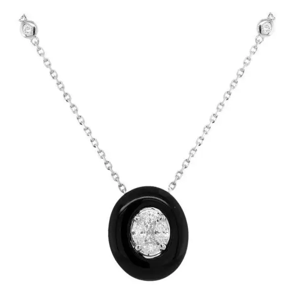Necklace in White Gold with Round, Princess, Marquise Shaped Diamonds and Oval Black Onyx