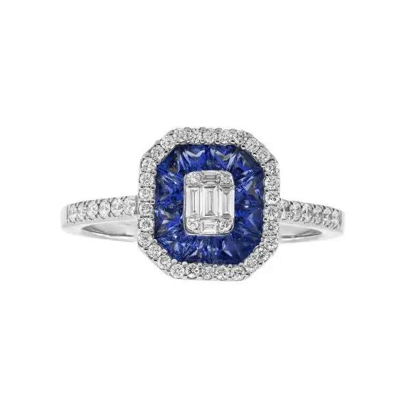 Ring in White Gold with Round, Baguette Shaped Diamonds and Blue Sapphires
