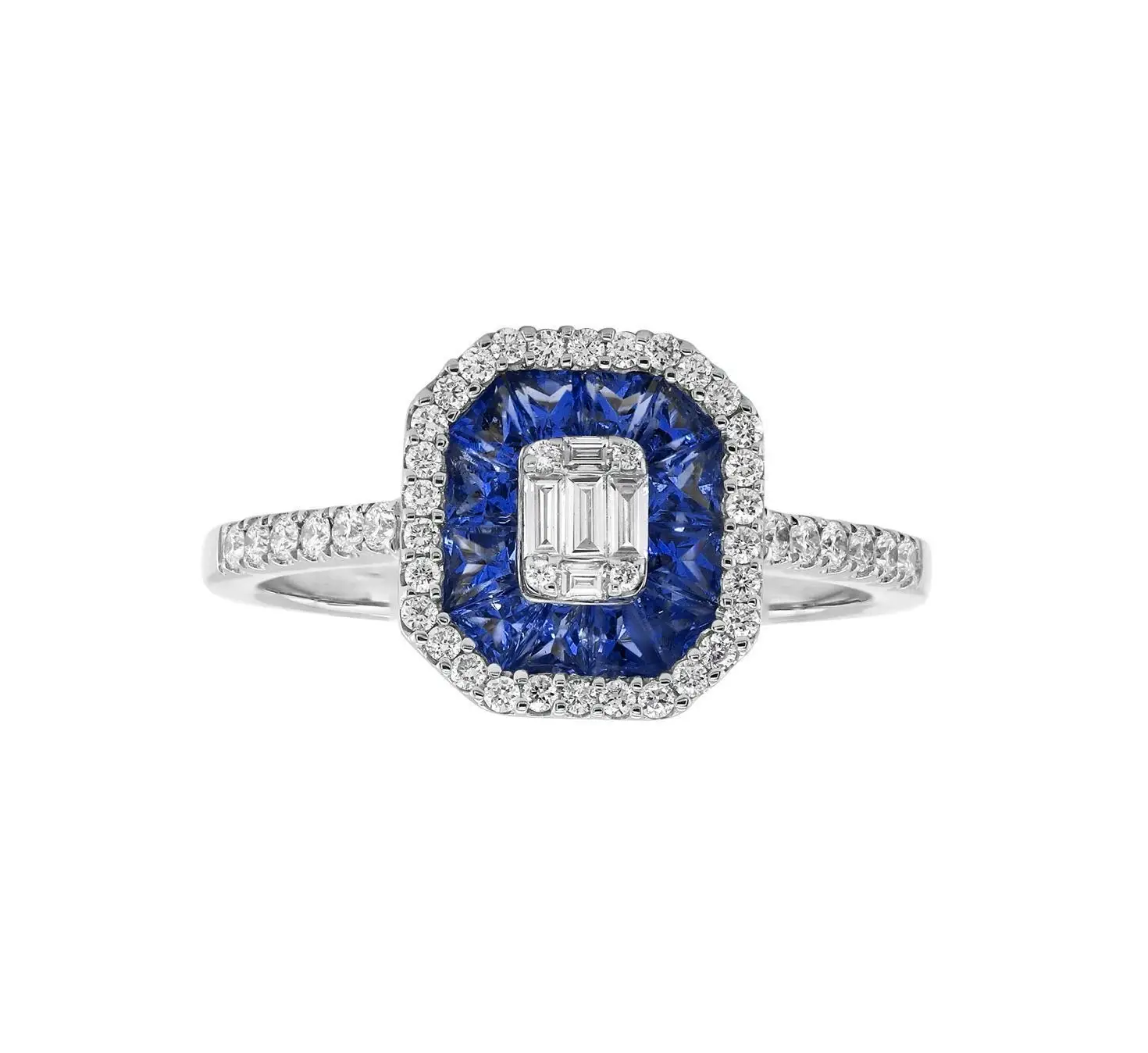 Ring in White Gold with Round, Baguette Shaped Diamonds and Blue Sapphires
