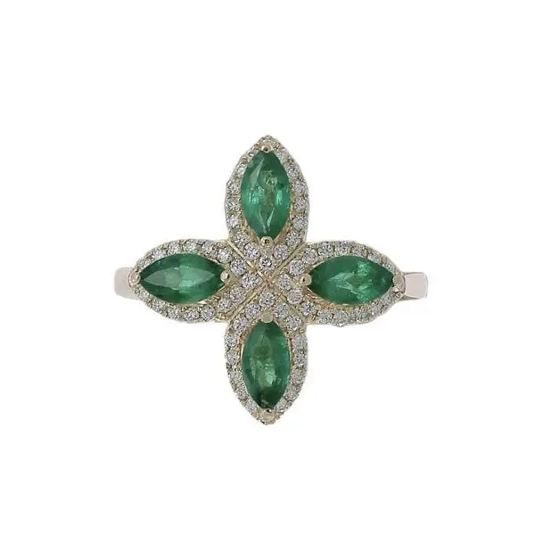 Ring in Yellow Gold with Round Diamonds and Marquise shaped Green Emeralds