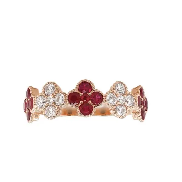 Ring in Rose Gold with Round Diamonds and Round Rubies in Four-Leaf Clover shape
