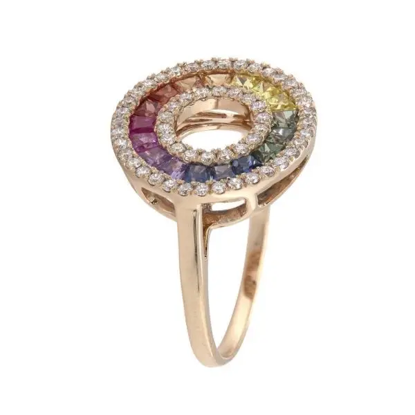 Ring in Rose Gold with Round Diamonds and Invisible set Multicolour Sapphires
