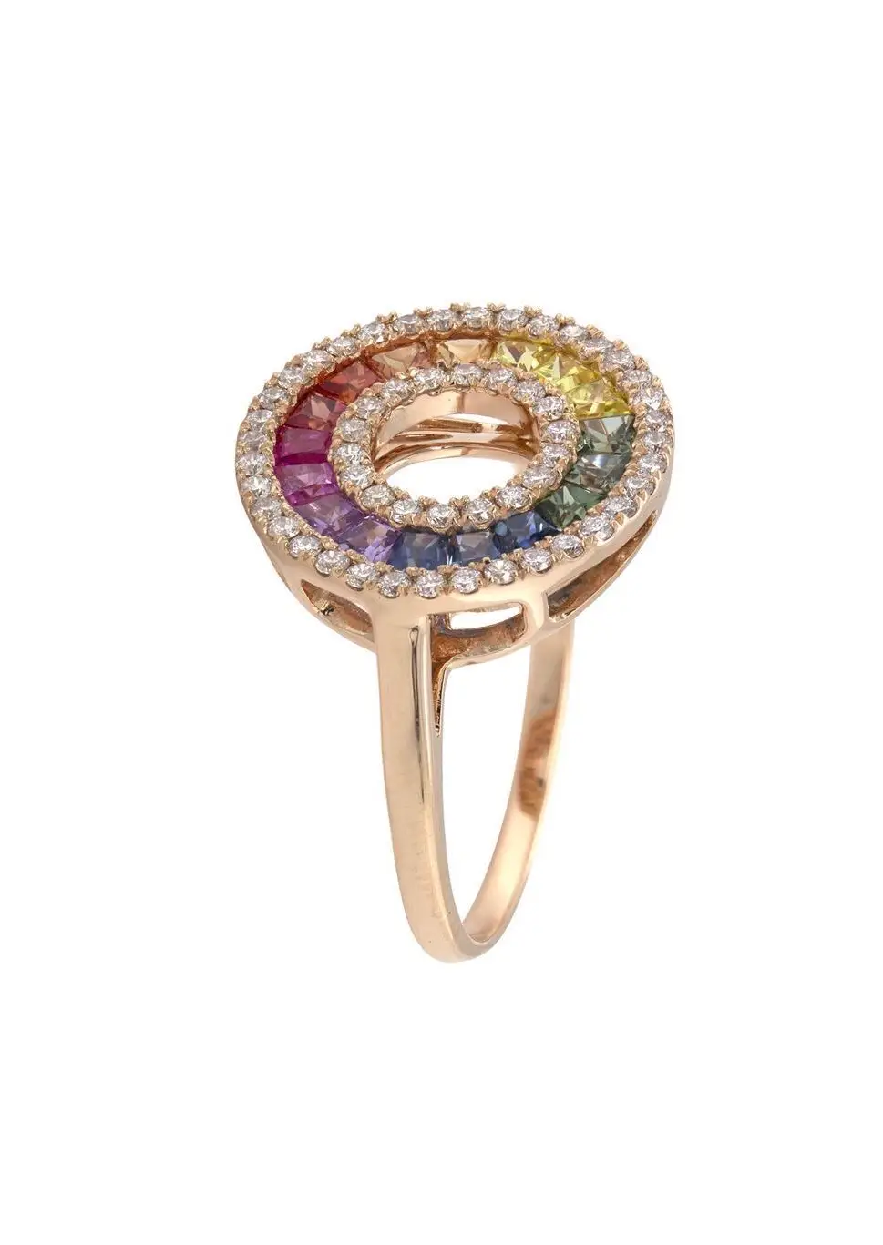 Ring in Rose Gold with Round Diamonds and Invisible set Multicolour Sapphires