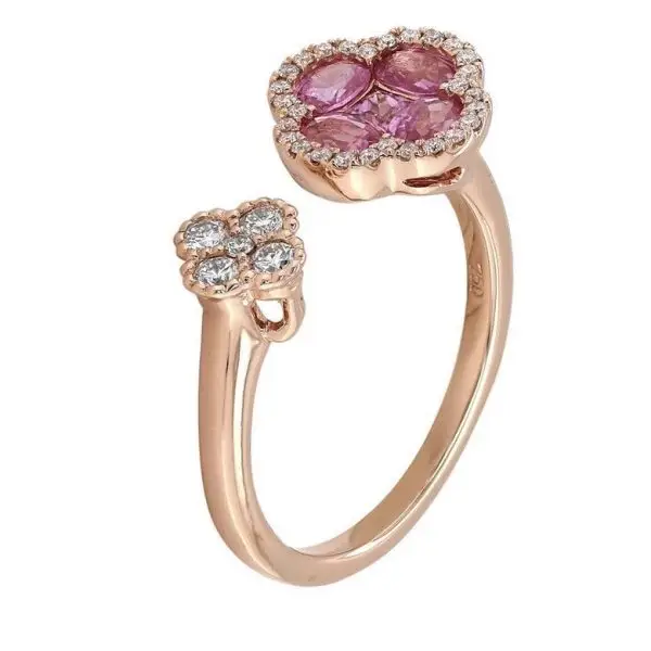 Contrarié Ring in Rose Gold with Round Diamonds and Pink Sapphires