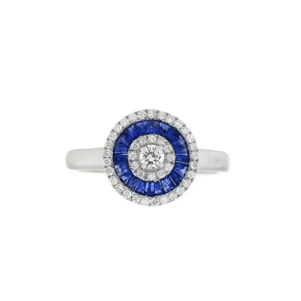 Ring in White Gold with Round Diamonds and Invisible set Blue Sapphires