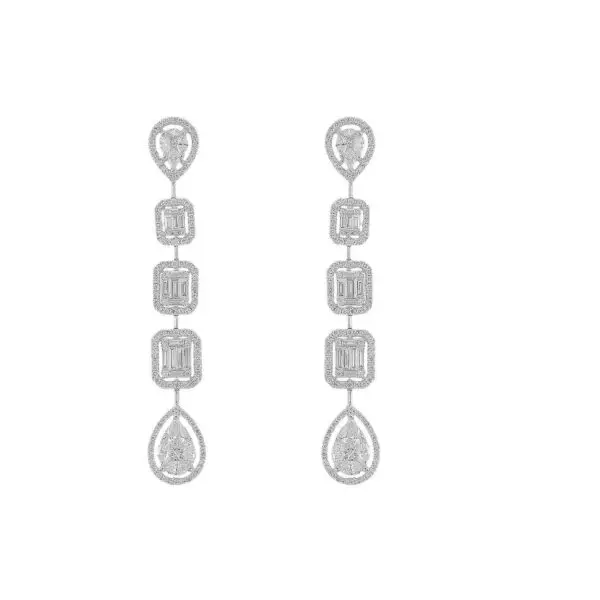 Cascade Drop Earrings in White Gold with Round, Baguette, Pear, Marquise Shaped Diamonds