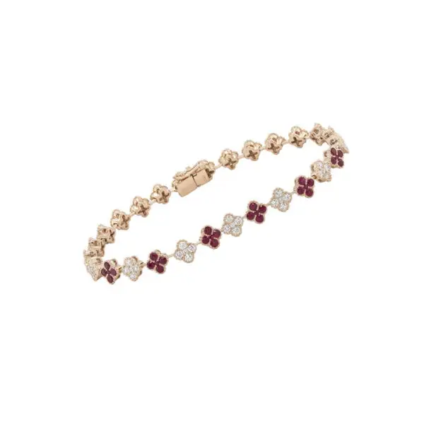 Bracelet in Yellow Gold with Round Diamonds and Red Rubies