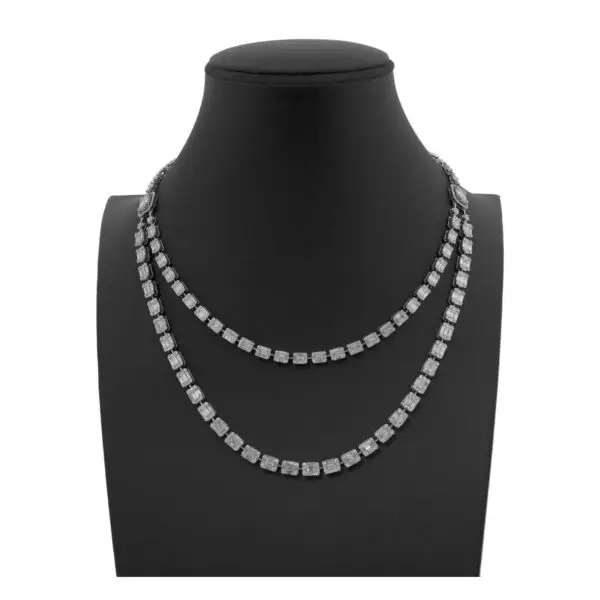 Double Necklace in White Gold with Round, Baguette Shape Diamonds