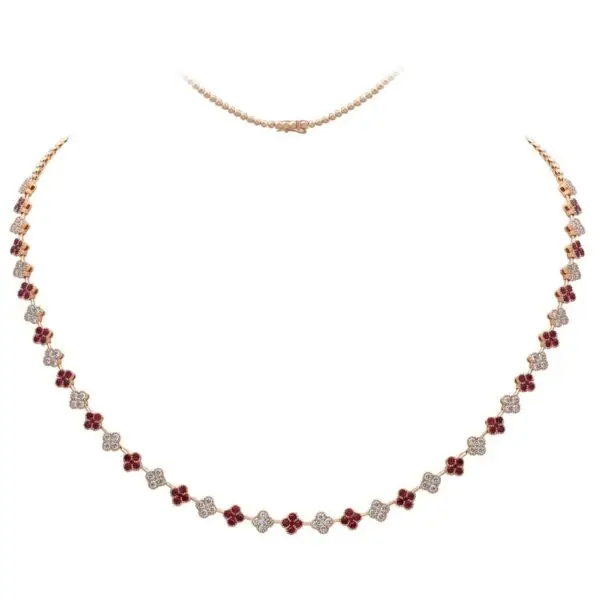 Necklace in Rose Gold with Round Diamonds and Red Rubies