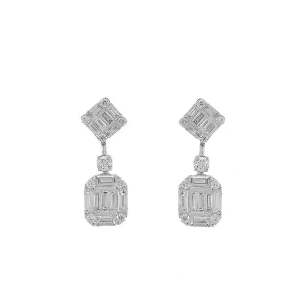 Cascade Drop Earrings in White Gold with Round Diamonds and Baguette Shape Diamonds
