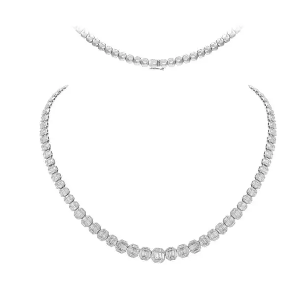 Tennis Collier in White Gold with Round, Baguette Shape Diamonds