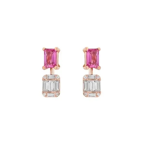 Ear Studs in Rose Gold with Round, Baguette Shape Diamonds and Pink Sapphires