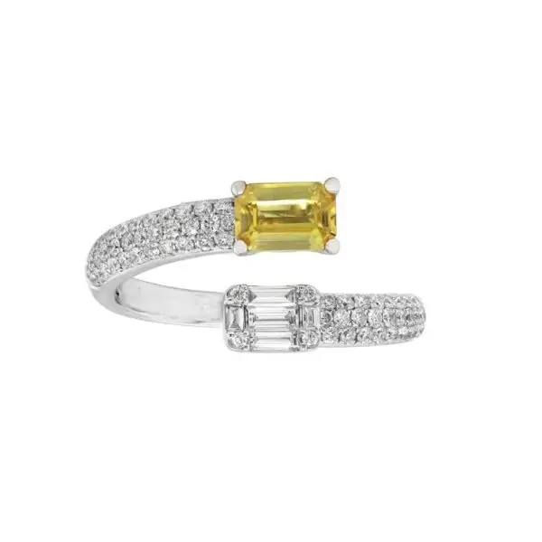 Contrarié Ring in White Gold with Round, Baguette Shape Diamonds and Yellow Sapphire