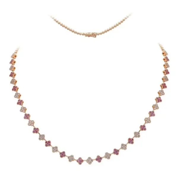Necklace in Rose Gold with Round Diamonds and Pink Sapphires
