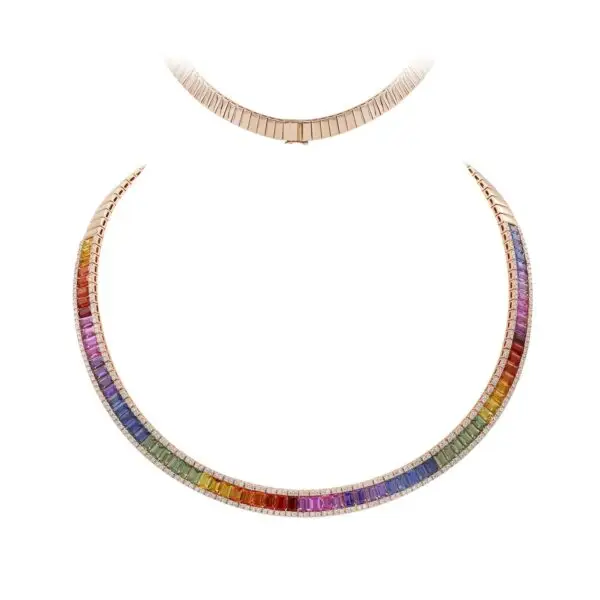 Necklace in Rose Gold with Round Diamonds and Rainbow Sapphires