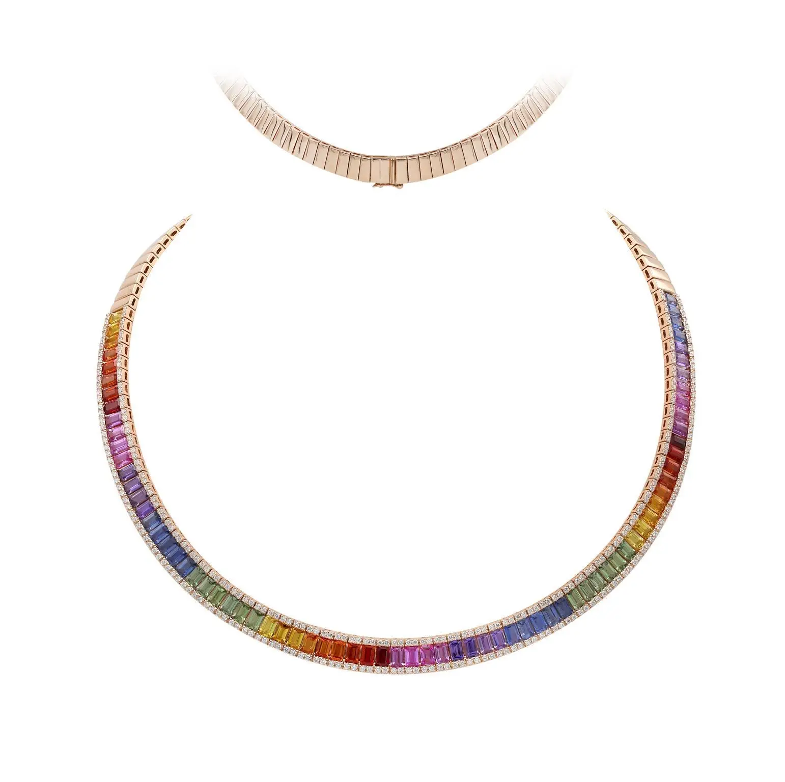 Necklace in Rose Gold with Round Diamonds and Rainbow Sapphires