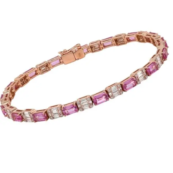 Bracelet in Rose Gold with Round Diamonds, Baguette Shape Diamonds and Octagonal Pink Sapphires