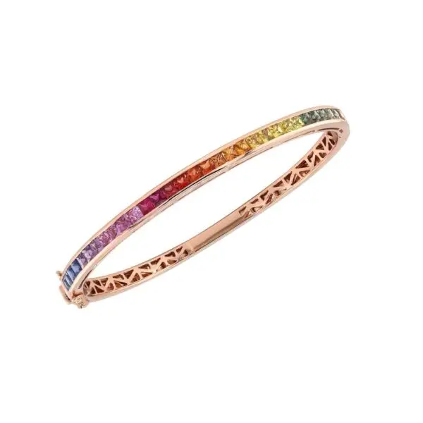 Rigid Bangle Bracelet in Rose Gold with Rainbow Sapphires