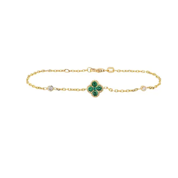4-Clover Bracelet in Yellow Gold with Round Diamonds and Green Emeralds
