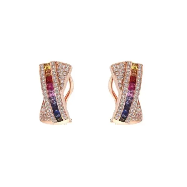 Earrings in Rose Gold with Round Diamonds and Rainbow Sapphires