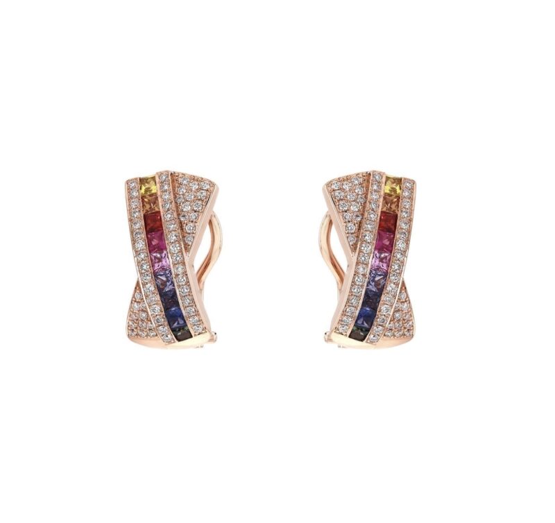 Earrings in Rose Gold with Round Diamonds and Rainbow Sapphires