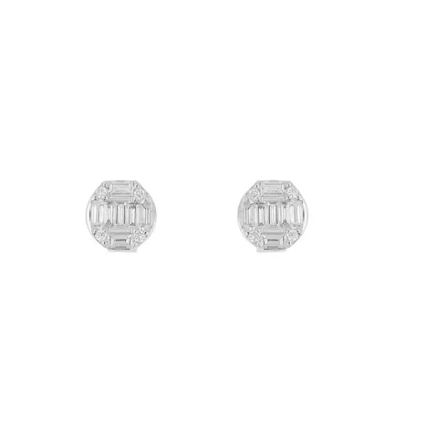 Ear Studs in White Gold with Round and Baguette Shape Diamonds