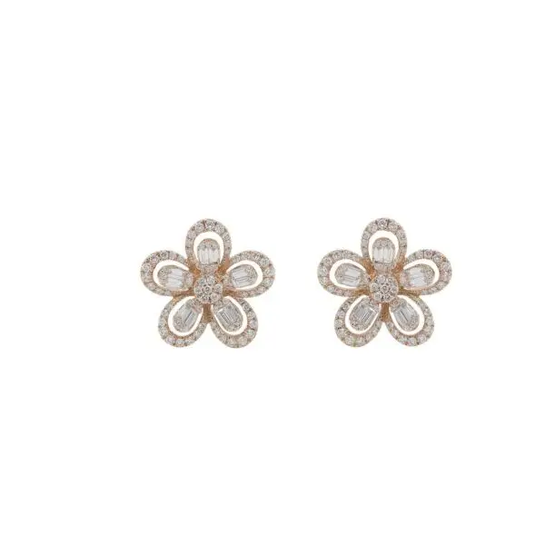 5-Leaf Flower Ear Studs in Rose Gold with Round and Baguette Shape Diamonds