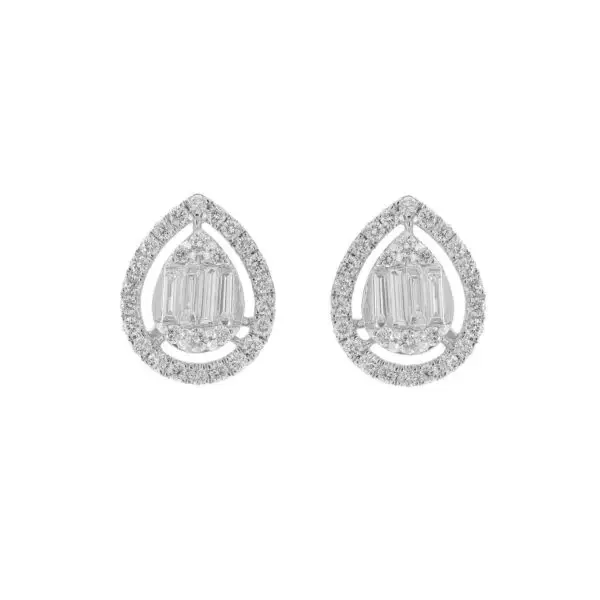Ear Studs in White Gold with Round and Baguette Shape Diamonds