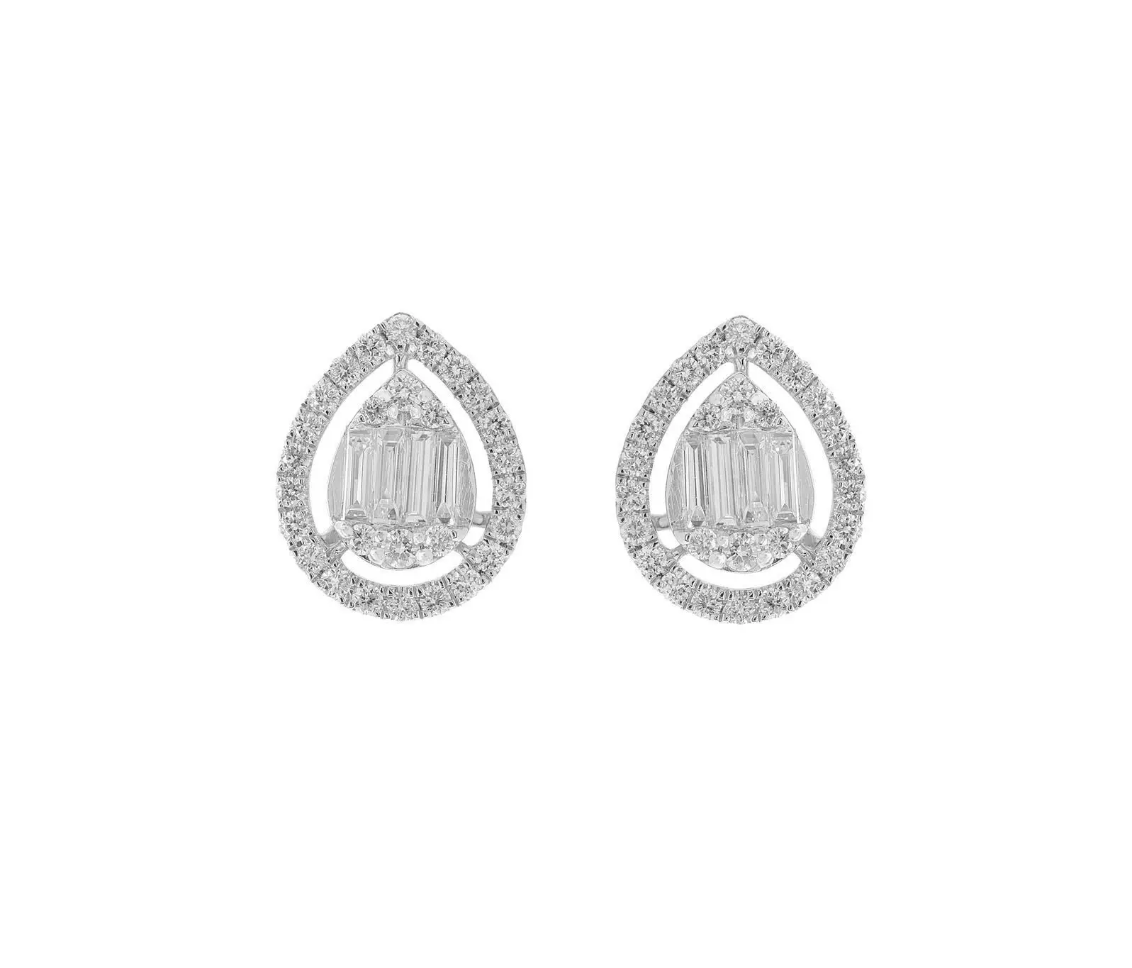 Ear Studs in White Gold with Round and Baguette Shape Diamonds