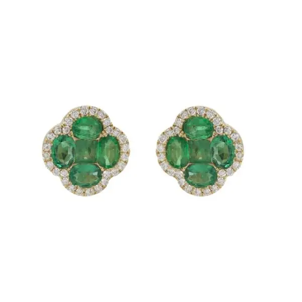 4-Clover Ear Studs in Yellow Gold with Round Diamonds and Green Emeralds