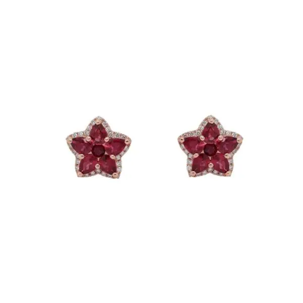 5-Clover Ear Studs in Rose Gold with Round Diamonds and Red Rubies
