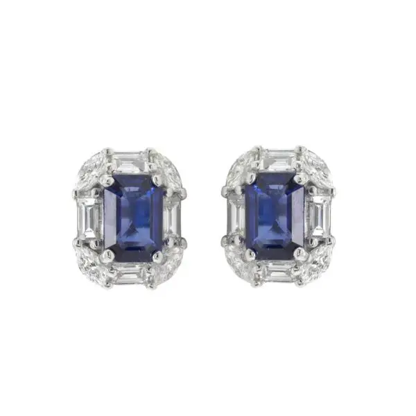 Ear Studs in White Gold with Marquise, Baguette Shape Diamonds and Blue Sapphires