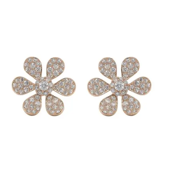 6-Leaf Flower Ear Studs in Rose Gold with Round Diamonds