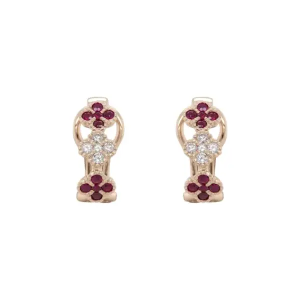 4-Clover Earrings in Rose Gold with Round Diamonds and Red Rubies