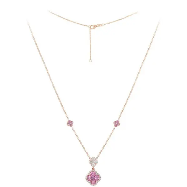 4-Clover Necklace in Rose Gold with Round Diamonds and Pink Sapphires