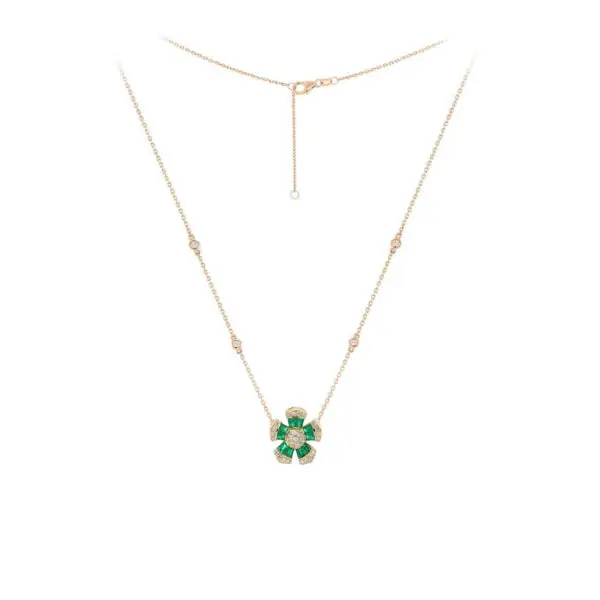 5-Leaf Flower Necklace in Yellow Gold with Round Diamonds and Green Emeralds