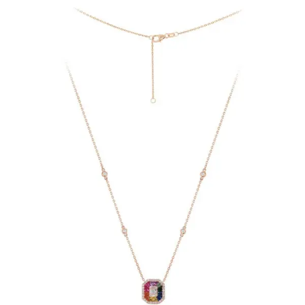 Necklace in Rose Gold with Round, Baguette Shaped Diamonds and Rainbow Sapphires