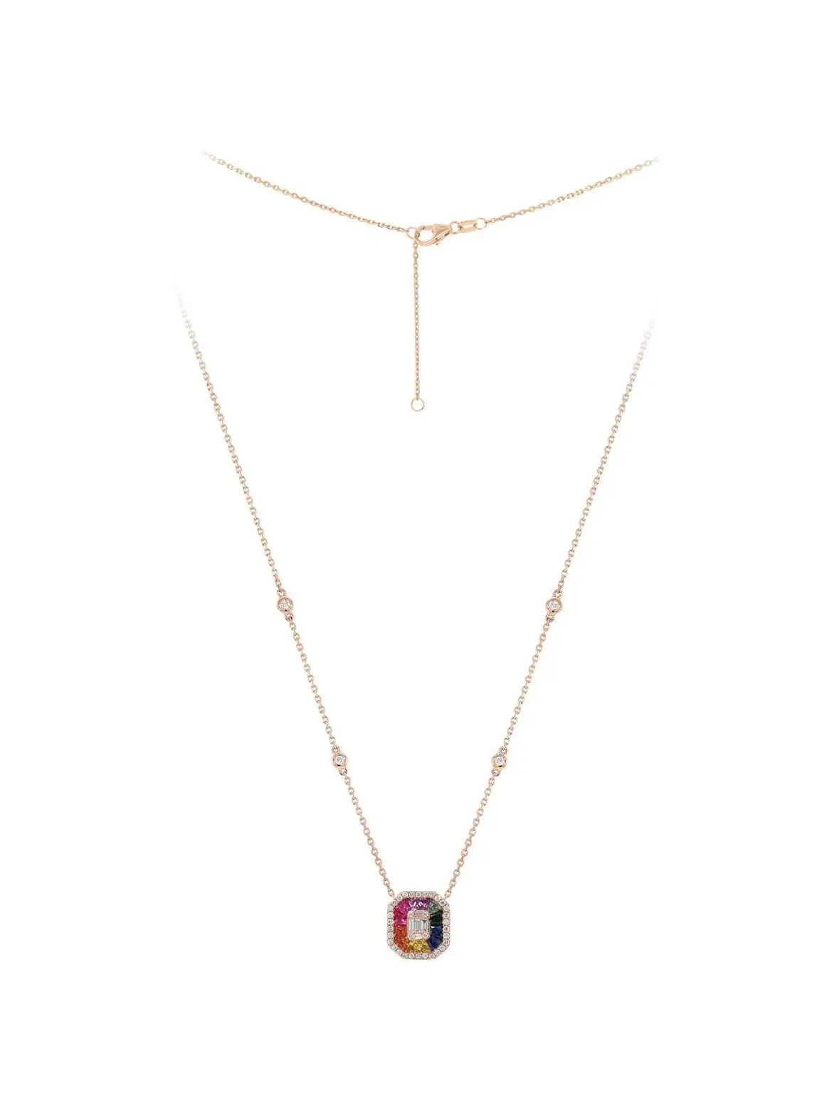 Necklace in Rose Gold with Round, Baguette Shaped Diamonds and Rainbow Sapphires
