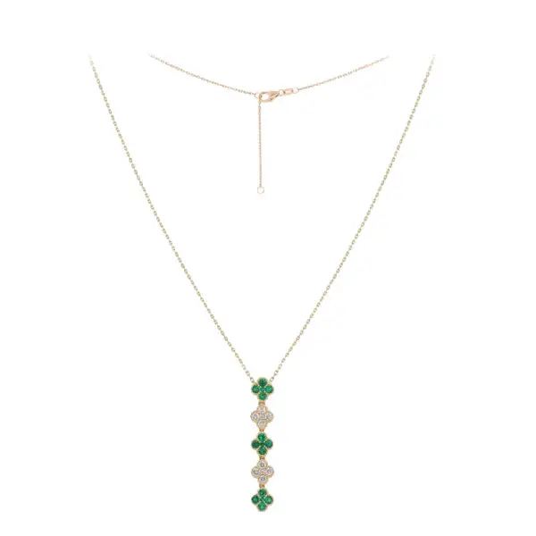 4-Clover Necklace in Yellow Gold with Round Diamonds and Green Emeralds
