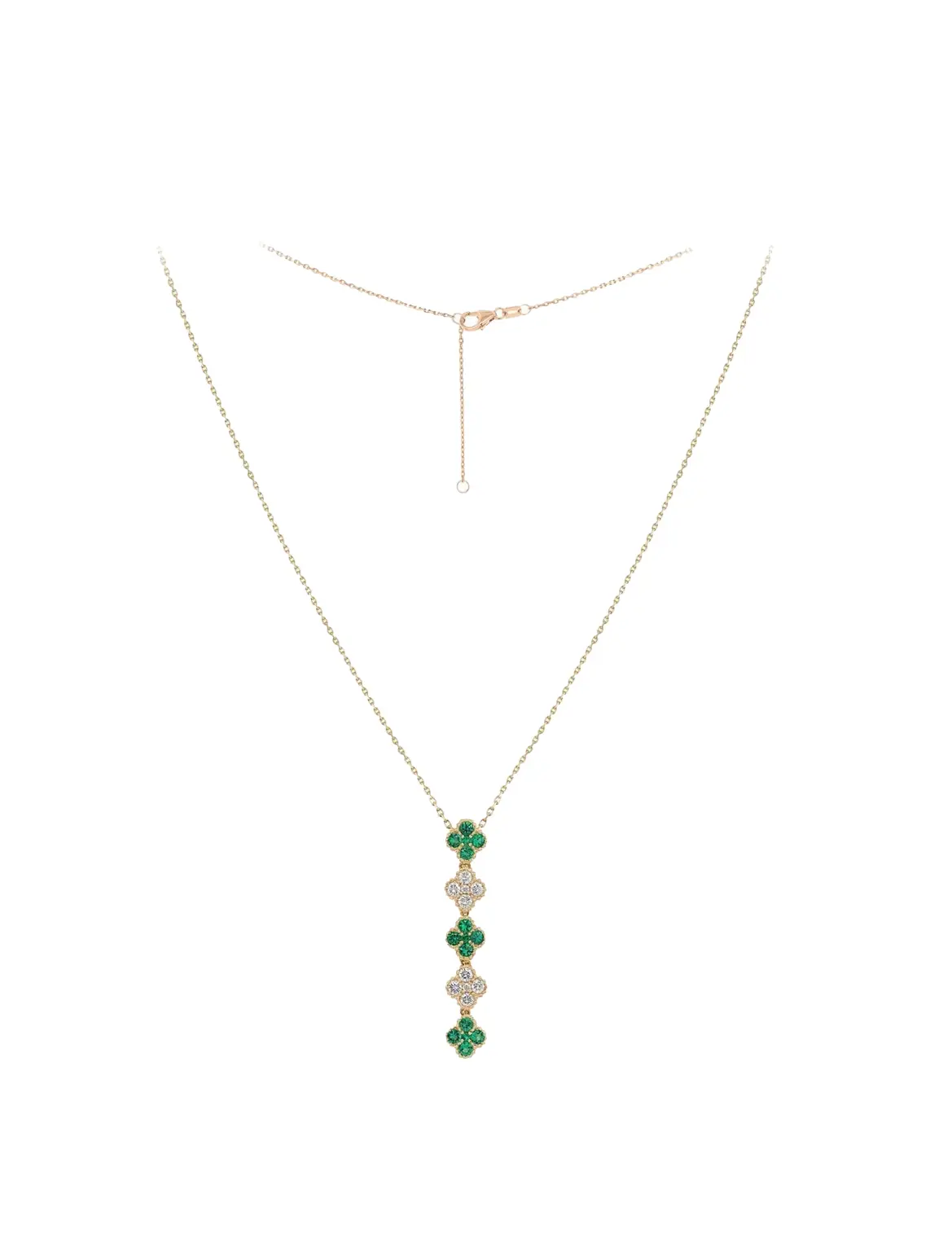 4-Clover Necklace in Yellow Gold with Round Diamonds and Green Emeralds