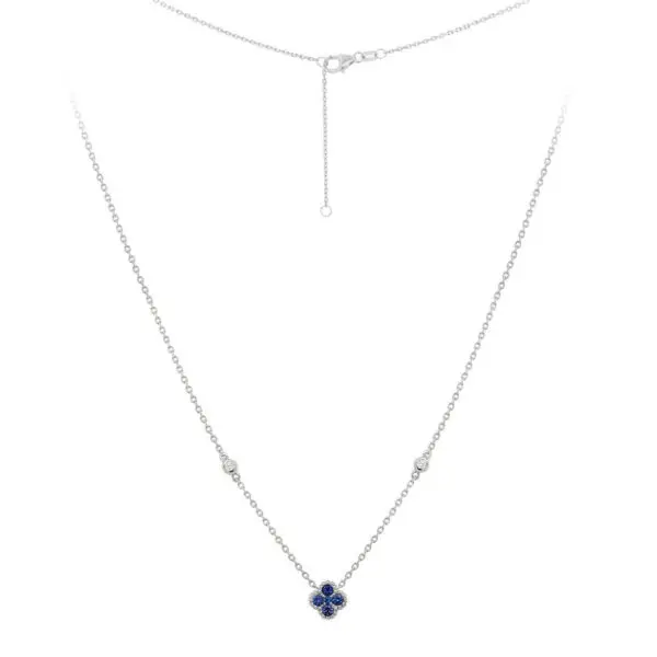 4-Clover Necklace in White Gold with Round Diamonds and Blue Sapphires