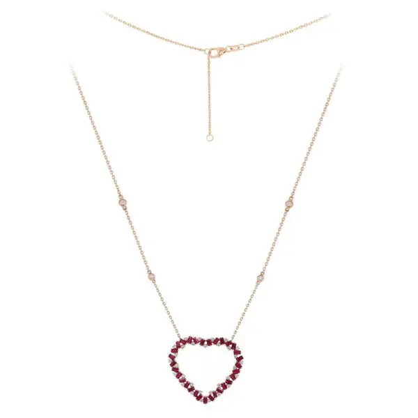 Heart Necklace in Rose Gold with Round Diamonds and Red Rubies