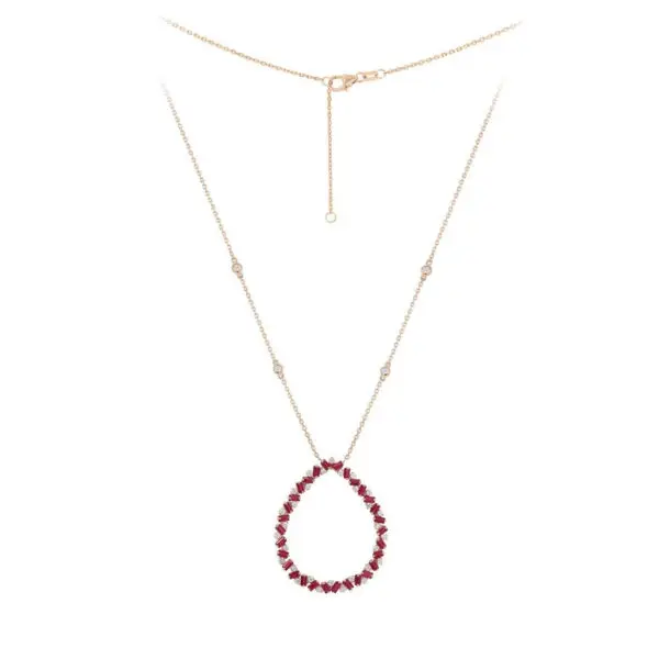 Pear Necklace in Rose Gold with Round Diamonds and Red Rubies