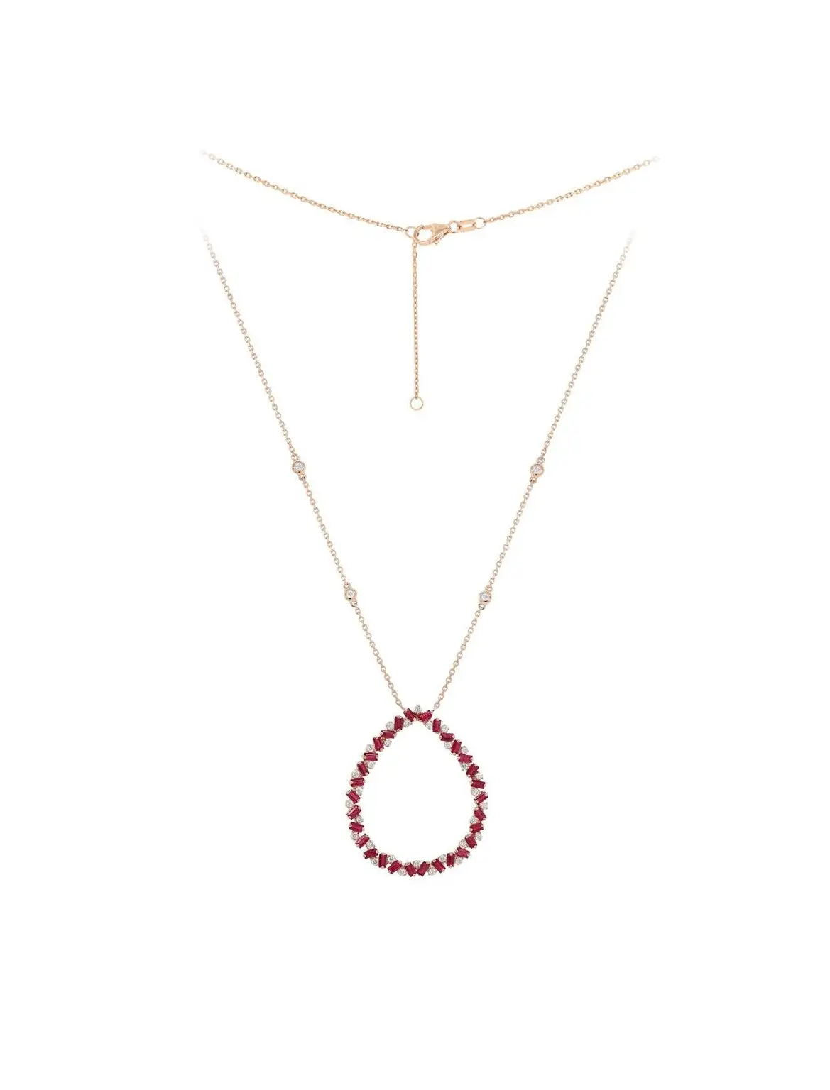 Pear Necklace in Rose Gold with Round Diamonds and Red Rubies